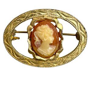 Vintage Gold Toned Cameo Oval Brooch Pin Art Deco Silhouette 1" Small 1928